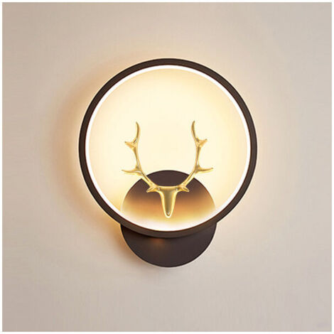 Applique murale LED ronde en aluminium – Tête de cerf noire – Lumière blanche monochrome – Pour chambre d'enfant et salon