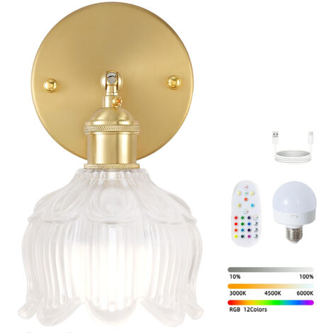 Applique murale LED sans fil avec télécommande, lampe de chevet rechargeable, intensité variable, changement de couleur RVB, 3000K-6000K, avec ampoule