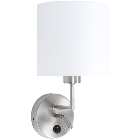 Applique murale liseuse chambre à coucher, métal tissu argent blanc, 1x E27