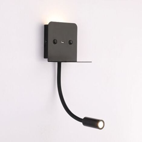 Étagère murale noire avec lampe et port USB, Accessoires de rangement