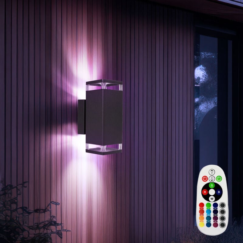 Applique murale maison applique extérieure lumière façade, aluminium noir, 2 ampoules GU10, télécommande dimmable, 2x led rvb 3,5W 290Lm blanc chaud