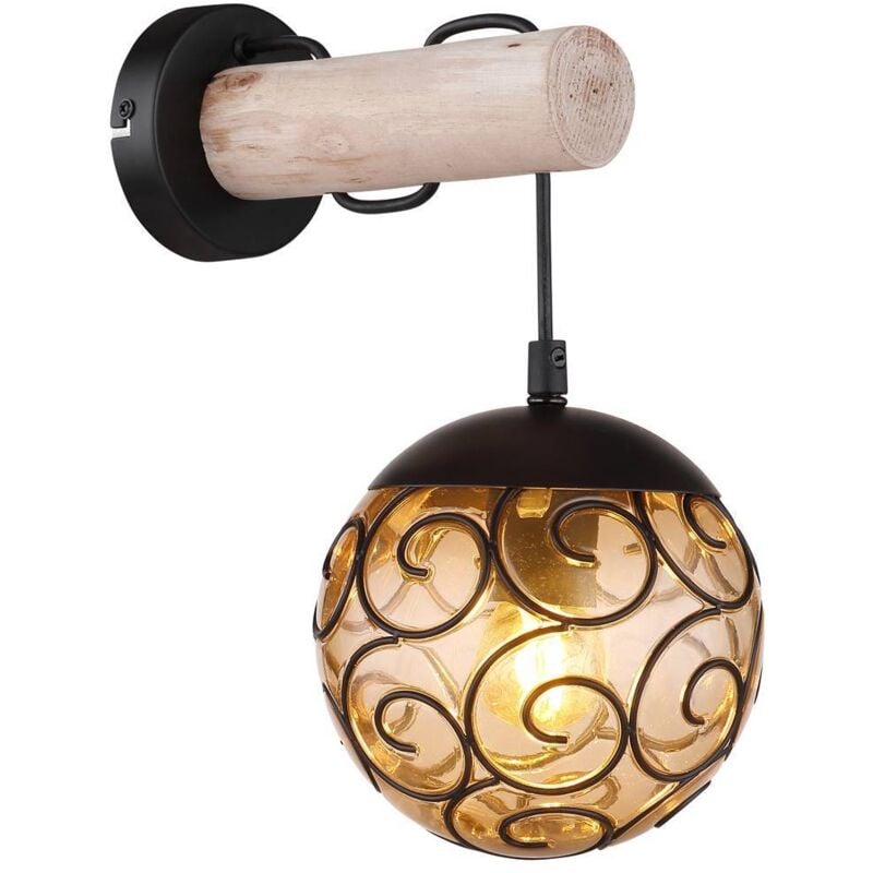 Applique murale Vintage lampe de salon ambre lampe de couloir ronde, métal noir bois plastique, 1x E27, LxH 15 x 36 cm