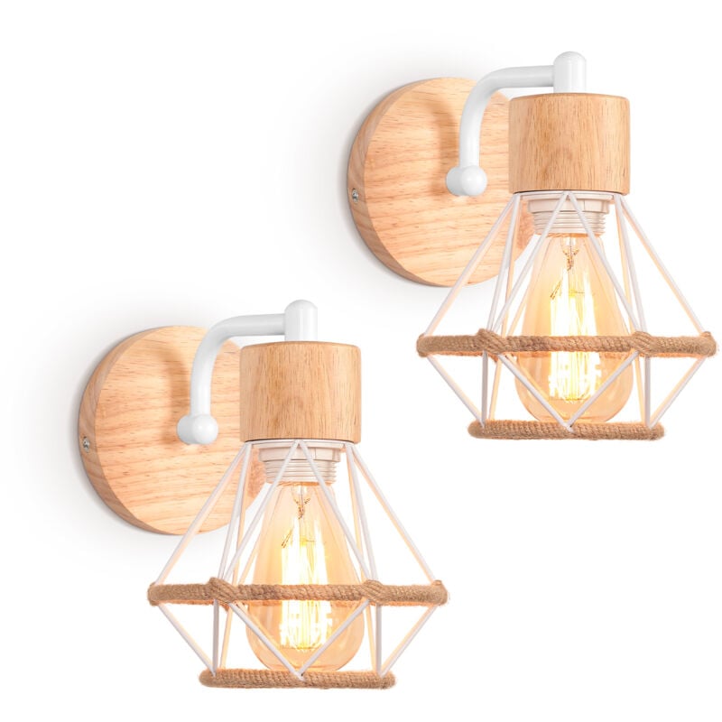 2PCS Applique Murale Rétro Lampe Murale Vintage En Fer Et Bois Rétro Cage Design Blanc Lampe Murale Interieur Pour Salon Cuisine Couloir