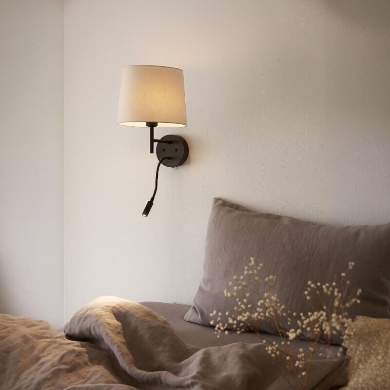 Millumine - Applique Murale Noire Liseuse Abat-jour En Lin Crème Mathy