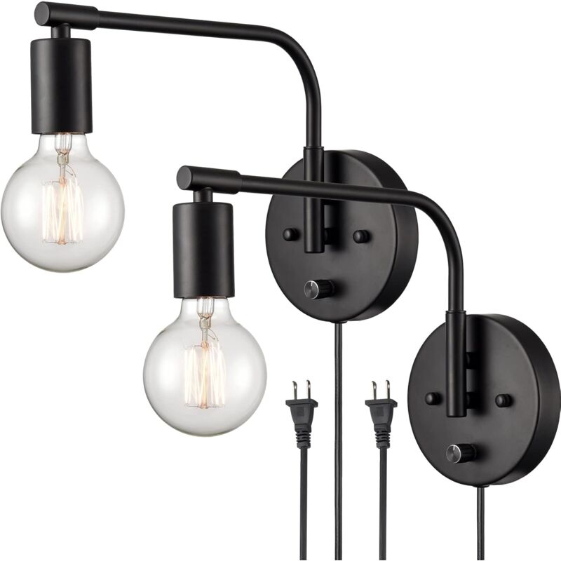 Applique murale noire de ferme moderne, ensemble de deux appliques murales à bras pivotant enfichable avec interrupteur pour chambre à coucher