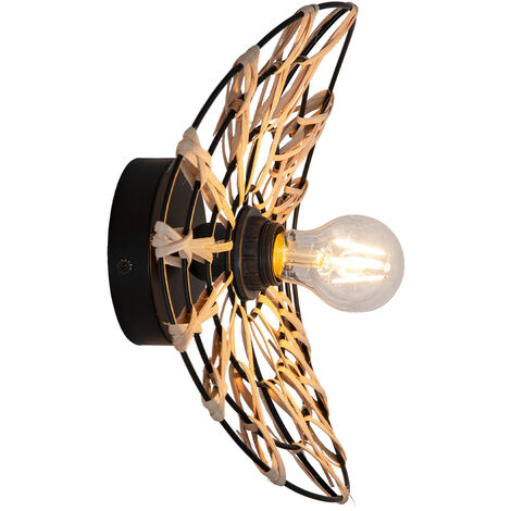Applique murale ou plafond Flora métal noir rotin naturel compatible LED