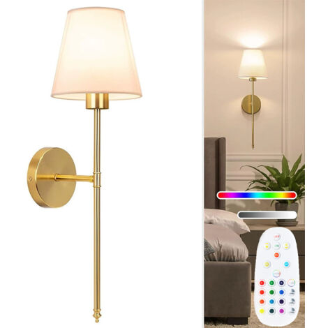 Applique murale rechargeable sans fil avec télécommande, intensité variable, 3 températures de couleur réglables, modes d'éclairage RVB, doré