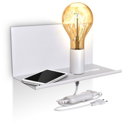 B.K.Licht – Applique murale réglable blanche matte E27 – Lampe rétro avec étagère et interrupteur – Installation facile 250x115x120mm