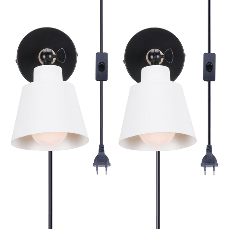 Applique Murale Rétro Industriel E27 Lampe Murale Avec Interrupteur Marche Et Prise Éclairage Murale en Métal Ø12CM Blanc - 2Pcs