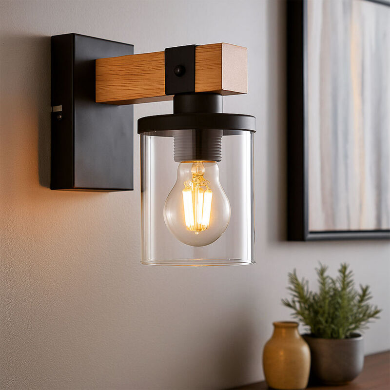 Applique murale lampe de salon lampe de couloir bois fumé, métal verre, 1x E27, LxH 10x22,5 cm