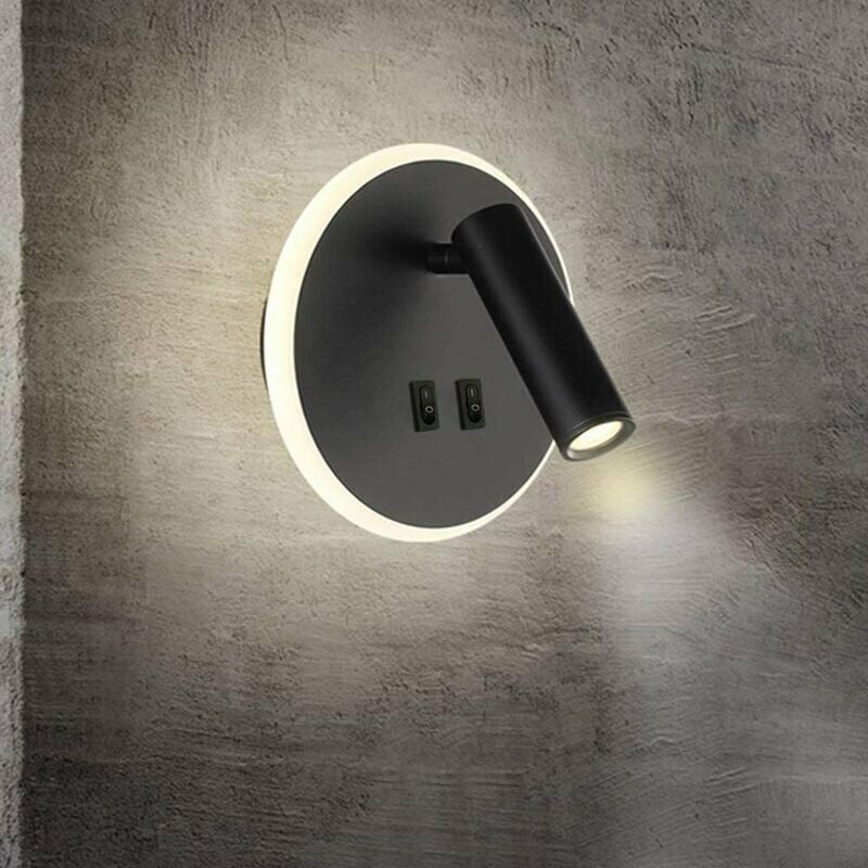 Applique murale rotative à double contrôle pour la maison, lampe de lecture de chevet à led (lumière blanche noire-ronde (3W + 8W)),Convient pour le