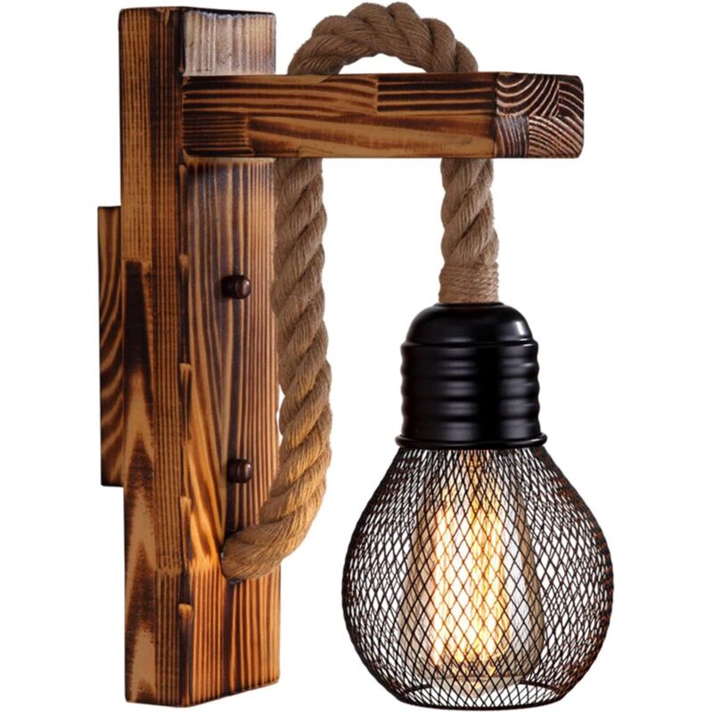 Applique Murale Rustique Bois Lampe Murale Vintage Rétro, Abat-Jour en Cage en Métal Noir E27, Applique Murale Intérieure Bois en Corde de Chanvre