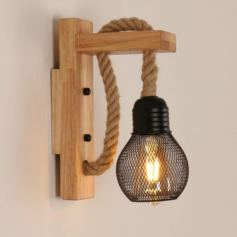 Applique Murale Rustique Bois Lampe Murale Vintage Rétro, Abat-Jour en Cage en Métal Noir E27, Applique Murale Intérieure Bois en Corde de Chanvre