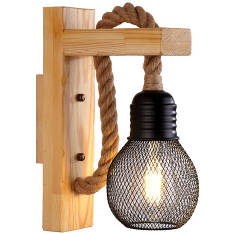 Applique Murale Rustique Bois Lampe Murale Vintage Rétro, Abat-Jour en Cage en Métal Noir E27, Applique Murale Intérieure Bois , Salon (Sans Ampoules)