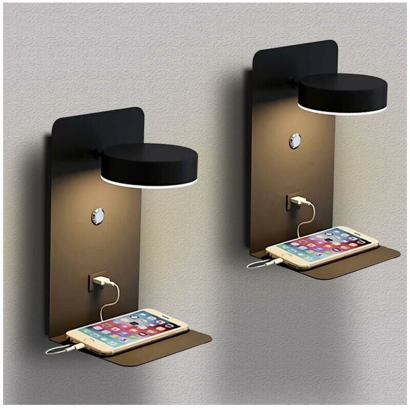 Applique murale salon et entrée,2 Pack Applique Murale Intérieur led avec port usb 12W Tricolore Dimmable Lampe Murale moderne avec interrupteur