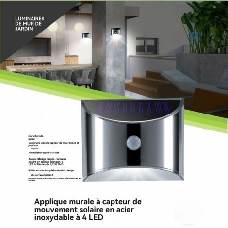 Applique murale solaire en acier inoxydable, étanchéité IP65 avec détecteur PIR, lampe pour marches et clôtures de jardin