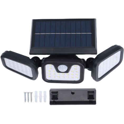 Applique murale solaire LED 74 perles 3 têtes détection humaine IP65 étanche à l'eau cour extérieure sans fil