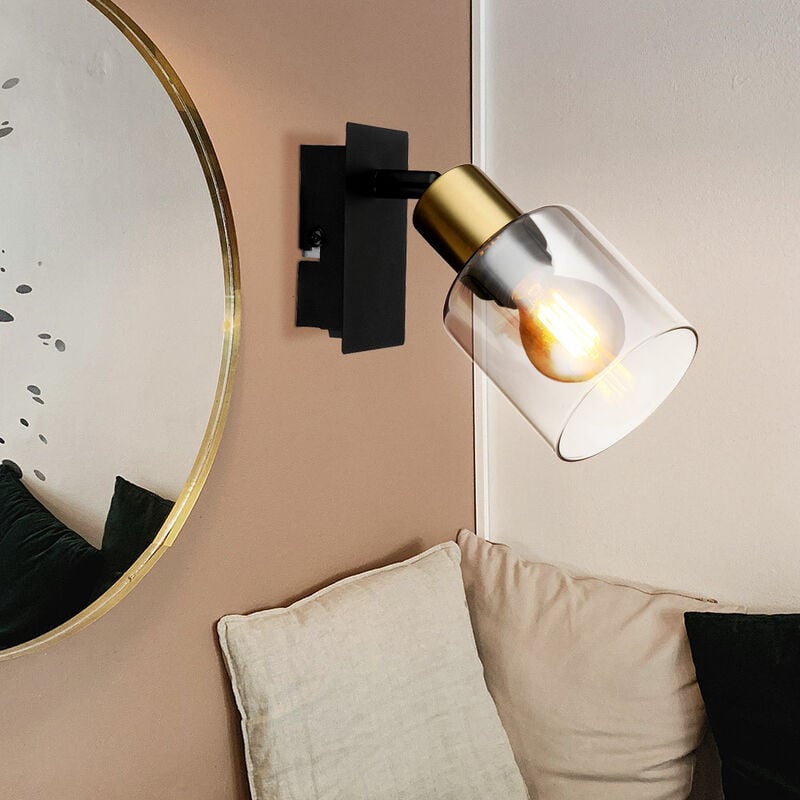 Applique murale en verre Spot orientable Spot mural salon noir doré, métal, 1x douille E14, LxlxH 15,5x8x15,8 cm