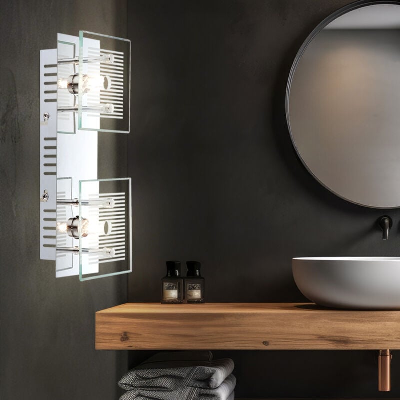 Applique murale spot lampe spot lumière couloir, 2 ampoules, plaque de verre blanc rayé chrome, douilles G9, LxlxH 25x10x7,5cm