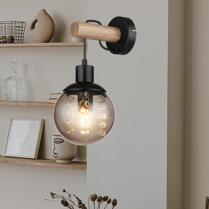 Applique murale suspendue lampe de couloir lampe en bois, boule de verre cristaux de fumée métal noir, 1x E27, LxH 15 x 30 cm