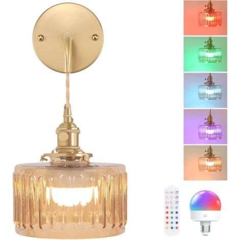 Applique murale vintage avec verre strié, Lampe de chevet rétro – Douille E27, Ampoule LED 4W incluse (Blanc chaud) – Idéale pour chambre, couloir, décoration intérieure