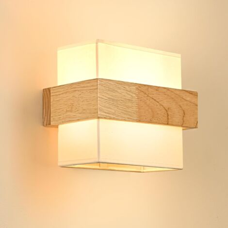 Applique murale vintage en bois massif – Abat-jour en tissu blanc – 22 x 16 x 12 cm – Compatible avec lampes LED – Installation facile