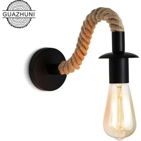 Applique murale vintage en corde de chanvre, style industriel, douille E27, ampoule non incluse, 110/220V (noir)