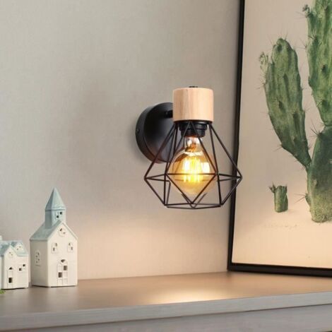 Applique Murale Vintage Industrielle E27 Noir en Métal Plafonnier Luminaire 40W Rétro Applique Avec Bois