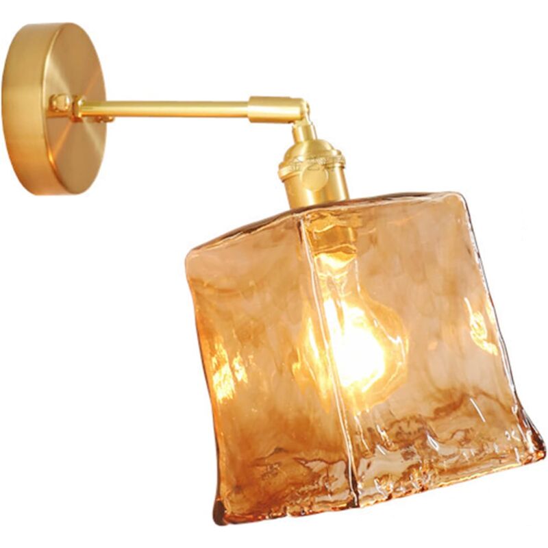 Applique Murale Vintage Industrielle Luminaire, Laiton Métal avec Abat-Jour En Verre Ambré Brumeux E27 Rétro Lampe de Murale pour Chevet