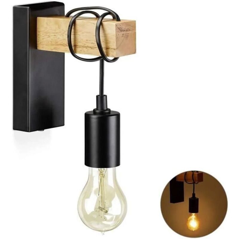 Applique Murale Vintage Industrielle Plafonnier Luminaire 40W Rétro Applique Avec Bois Noir en Métal