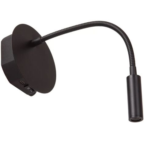 Applique nera LED 2W USB ricaricabile braccio flessibile