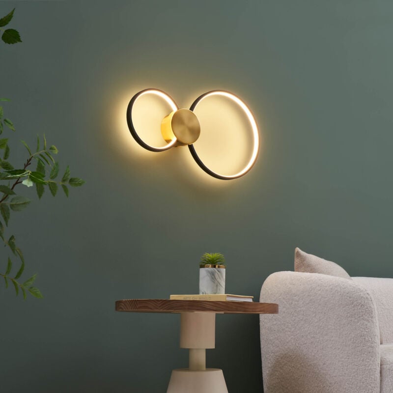 Applique ou plafonnier double cercle noir et laiton LED 52 cm - Alisa