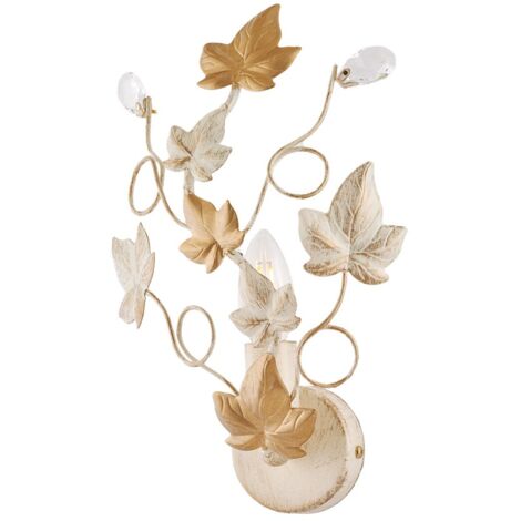 Applique Shabby 1 Luce Ferro Battuto Avorio Oro Foglie e Cristalli Serie Edera - Avorio