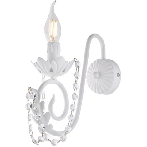 Applique Shabby Damasco 1 Luce Ferro Battuto Bianco E Cristalli