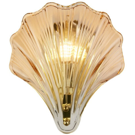 Applique Shell 1Lt, metallo ottone satinato e vetro ambrato IP44