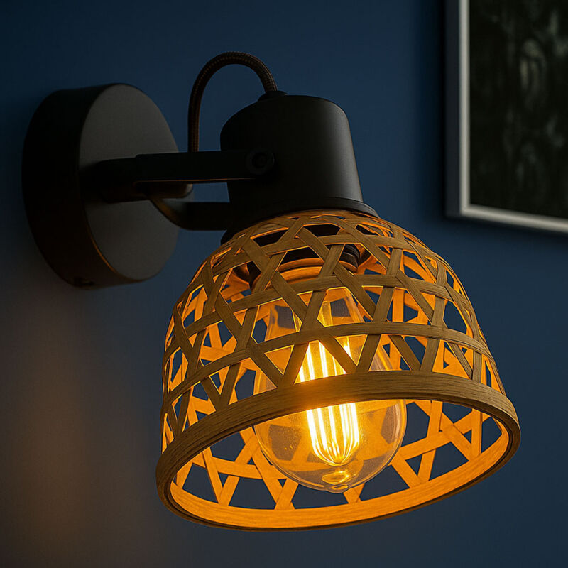 Applique spot bambou applique style bohème salon 1 flamme E27, avec spots orientables look tressé, 1x E27, DxH 13x14 cm