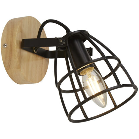 Applique spot, structure en acier hévéa, grille réglable, 1x E14, hauteur 17cm