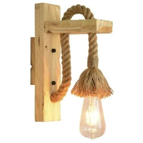 Applique style rétro corde de chanvre bois applique d'intérieur E27 Edison ampoule chaude incluse