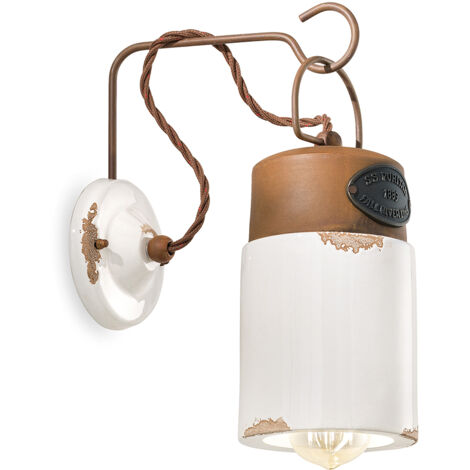 Applique Vintage Industrial Cilindrica Ferro E Ceramica Bianco 1 Luce E27