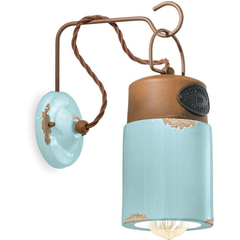 Applique Vintage Industrial Ferro E Ceramica Azzurro 1 Luce E27