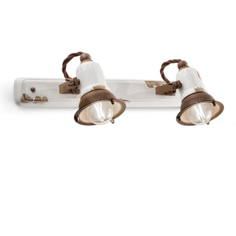 Applique Vintage Loft Ferro E Ceramica Bianco 2 Luci E14