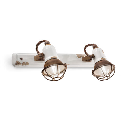 Applique Vintage Loft Ferro E Ceramica Con Rete Bianco 2 Luci E14