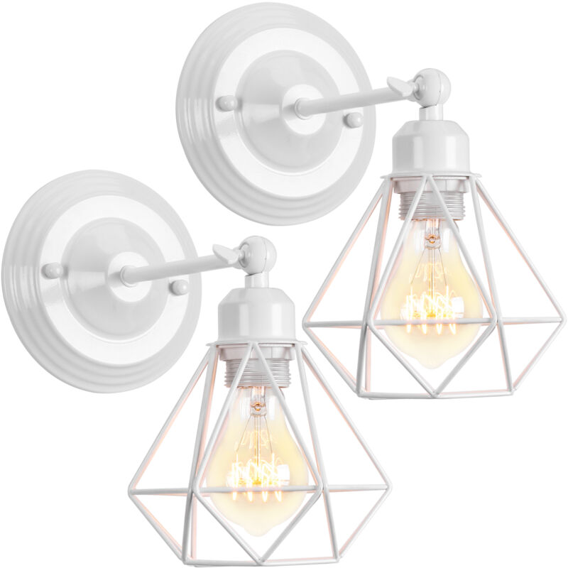 Appliques Murale Industrielle Lampe Murale Vintage Luminaire Plafonnier Cage Métal Blanc Ø16CM E27 - 2Pcs