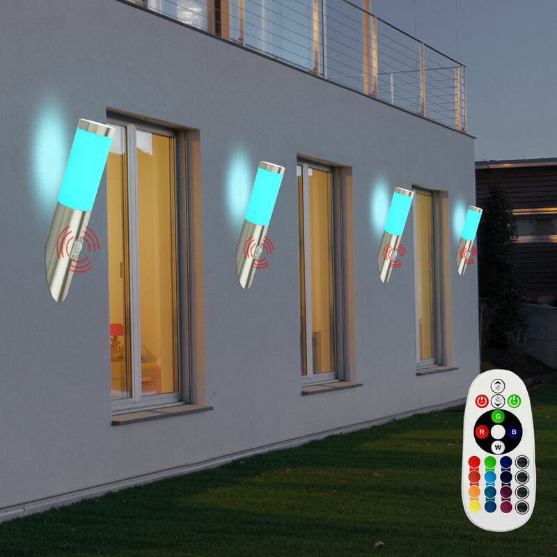 4x appliques murales extérieures lampes de balcon en acier inoxydable détecteurs de mouvement dans un ensemble comprenant des lampes LED RVB