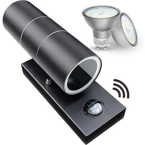 Appliques murales d'extérieur avec détecteur de mouvement PIR, éclairage de sécurité IP44, noir mat, 240 V, 2 ampoules LED blanc chaud de 5 W incluses