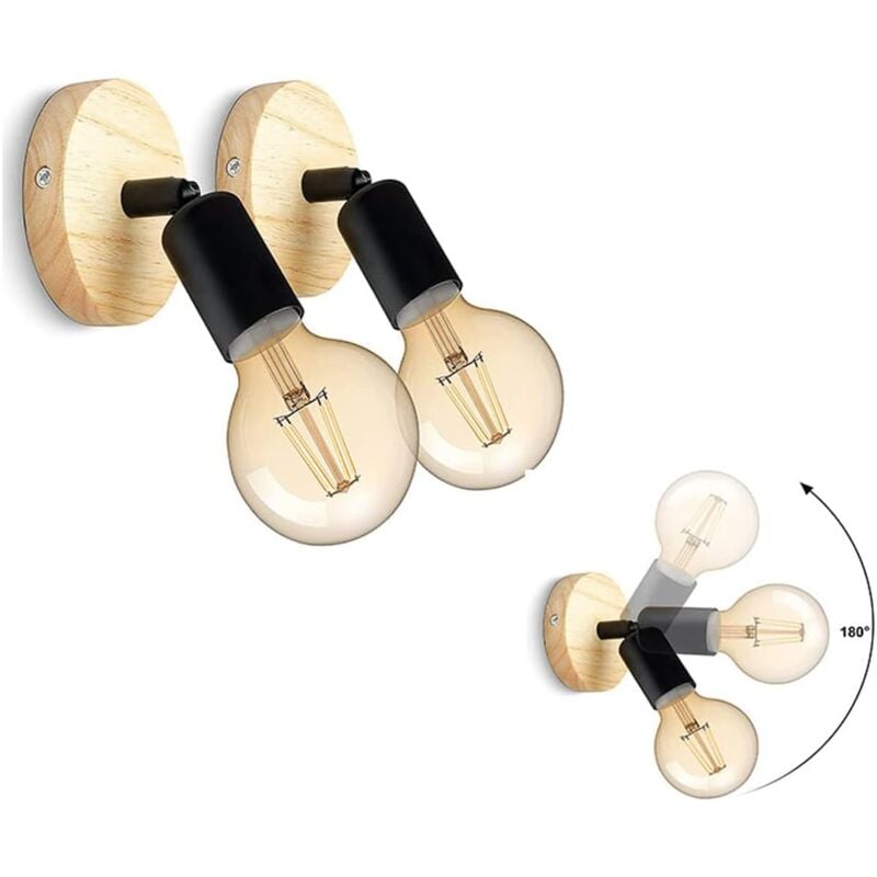 Appliques murales d'intérieur vintage en bois rotatif 180 Rétro Industriel E27 Appliques murales (lot de 2)