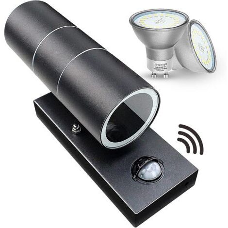 Appliques murales extérieures, applique avec détecteur de mouvement PIR, éclairage de sécurité vers le haut et vers le bas, IP44, noir mat, 240 V, incluant 2 ampoules LED blanc chaud de 5 W