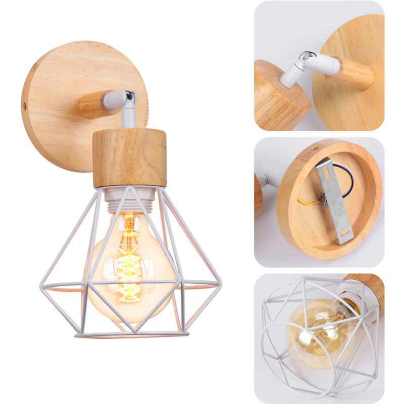 Appliques Murales Industrielles Vintage Lampe Murale Bois Métal Luminaire Interieur Ø15CM E27 Blanc - 1Pcs