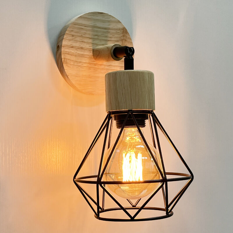 Appliques Murales Industrielles Vintage Lampe Murale Bois Métal Luminaire Interieur Ø15CM E27 Noir - 1Pcs