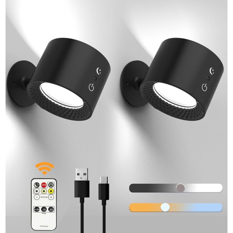 Appliques murales LED magnétiques multifonctions, intensité variable, rotatives à 360°, sans fil, pour bureaux, salons et chambres (noir, 3 couleurs,